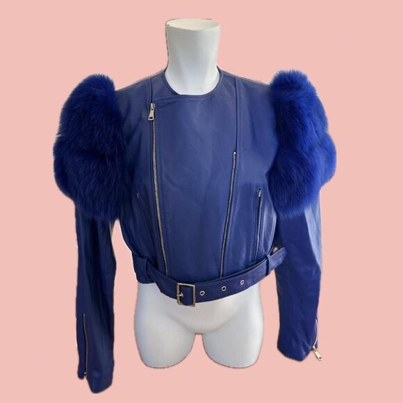 High-quality royal blue leather jacket with real fox fur shoulder - Picture 1 of 8